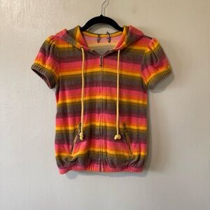 Vintage Juicy Couture Striped Short-Sleeve Hooded Zip Sweater